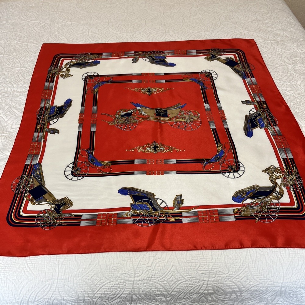 VTG Berkshire Scarf Wrap Lightweight Red Cream Carriage Print‎ 33x33 Korea
